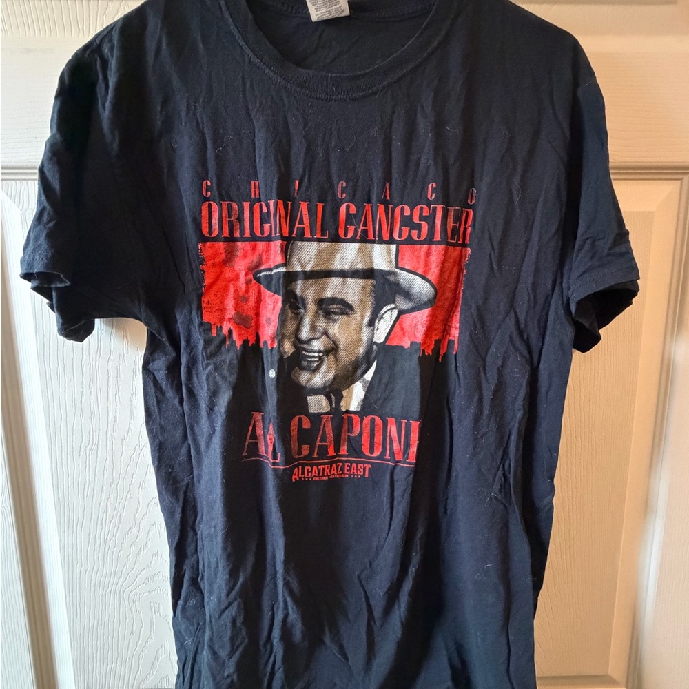 Fruit of the Loom Black Graphic Tee with Red and Cream Al Capone Design